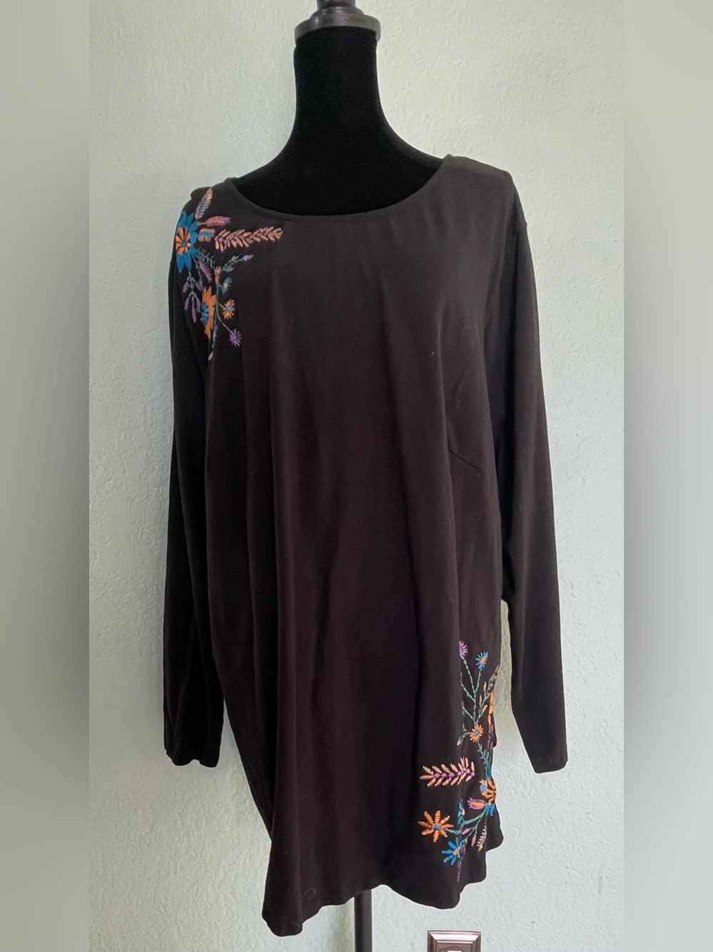 eshakti Black Long-Sleeve Top with Multicolor Floral Embroidery